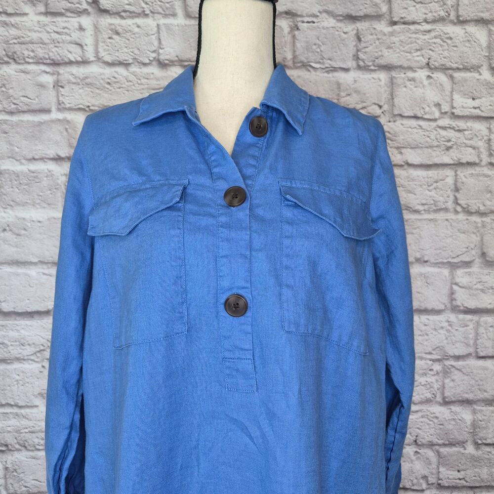 J Jill Blue Linen Popover Shirtdress Midi Shift Utility Pocket Long Sleeve Sz S - Picture 4 of 11
